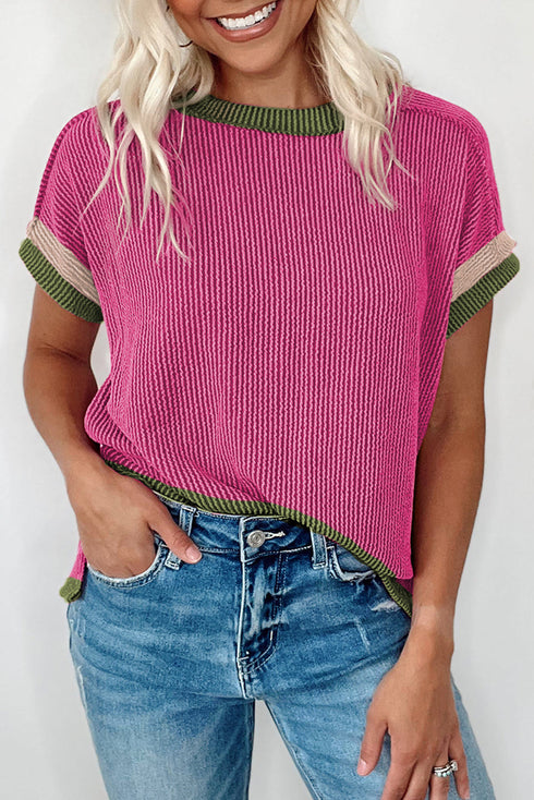 Retro Vibe Contrast Trim Corded Knit Short Sleeve Top